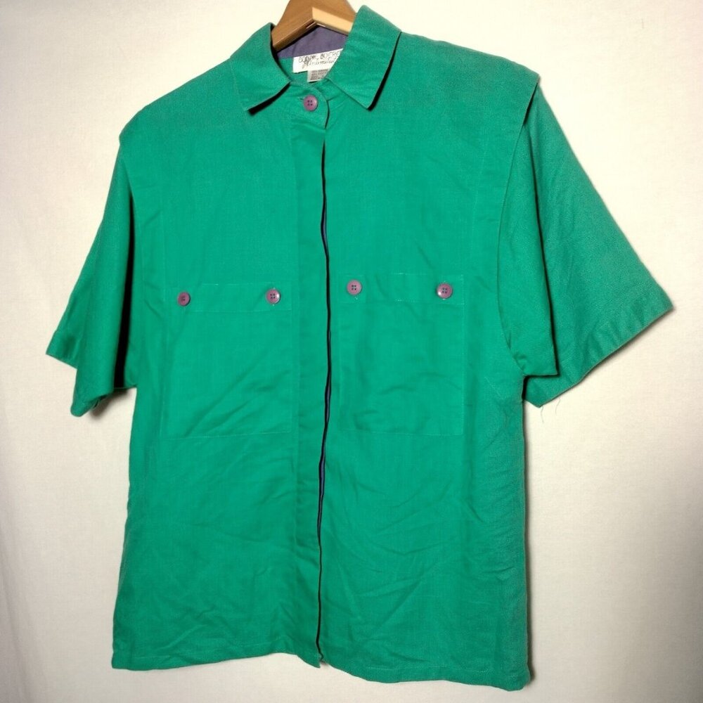 Bonnie Boerer Unlimited Blouse S Green Button Nautical Porthole Palm Tree Cruise - Picture 2 of 16